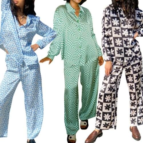 Women’s T-shirt and Trousers Suit Fashion Geometric Printing Long Sleeve Cardigan and Long Pants Spring Autumn