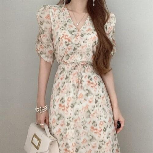 WomenS Korean Fashion Y2k Printed Mid-Length Dress Summer All-Match V-Neck Puff Sleeve Ladies Dress 2021 Ladies Vestido