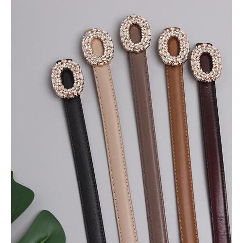 2021 Oval Rhinestone Buckle Pin Cowhide Waist belt Women Adjustable Genuine Leather Fashion Women Belt Waistband Cinch Strap