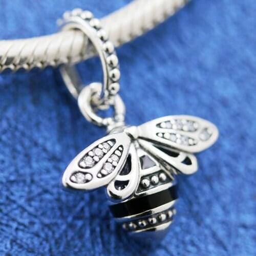 Original Black Enamel Sparkling Queen Bee With Crystal Pendant Beads Fit 925 Sterling Silver Charm Bracelet Diy Jewelry