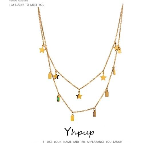 Yhpup kpop Stainless Steel Choker Stacked Necklace Delicate Cubic Zirconia Jewelry Fashion Star Square Heart Pendant Necklace
