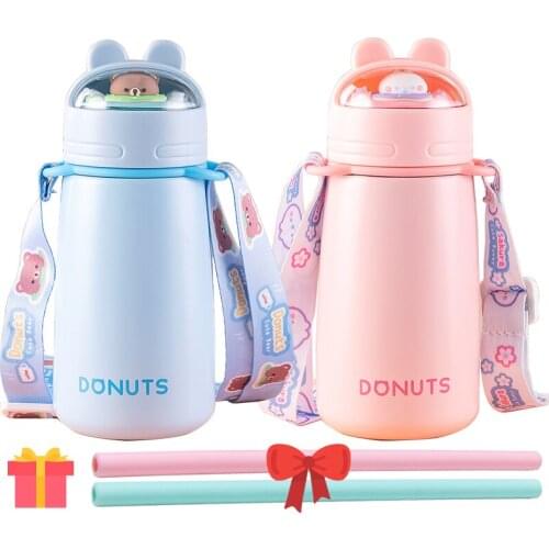 Baby Water Cup 304 Stainless Steel Thermos Mug with Two Straws Outdoor Portable Childrens Water Bottle for Adult Children 300ML