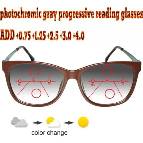 Photochromic Gray Progressive Multifocal Reading Glasses Ladies Woem Ultralight Cats Eye Large Size Frame Fashion +0.75 To +4.0