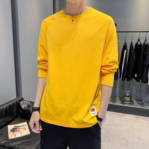 Mens T Shirts New Loose Cotton Long Sleeve T-Shirt Yellow Black Gray O-Neck Casual Fashion Cotton T Shirt Men