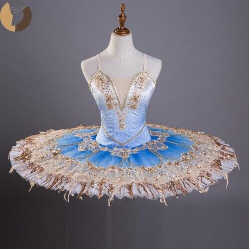 FLTOTURE Classical Pancake Tutu Skirt Sky Blue With Gold The Daughter Of The Pharaoh Ballet Competition Variation Costume Tutus