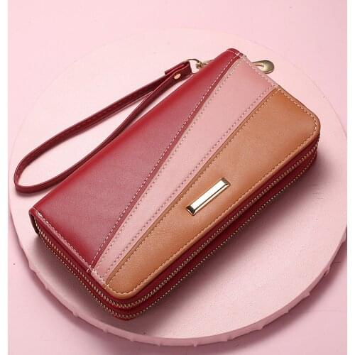 Double Zipper Wristband Phone Purse Women Wallet Splice Female Purse PU Leather Ladies Long Women Wallet Big Card Holder Clutch