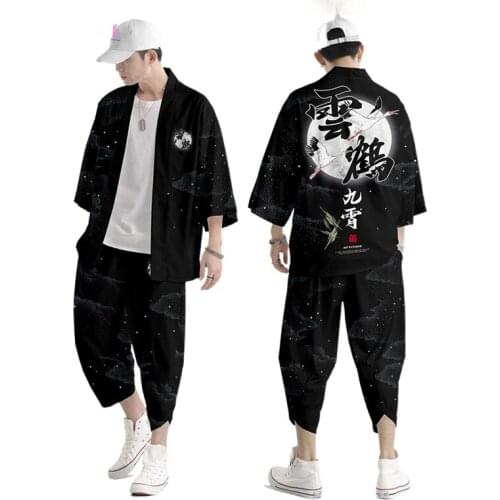 Two-piece Suit Plus Size S-6XL Loose Japanese Cardigan Women Men Cosplay Yukata Clothing Harajuku Samurai Kimono + Pants Sets