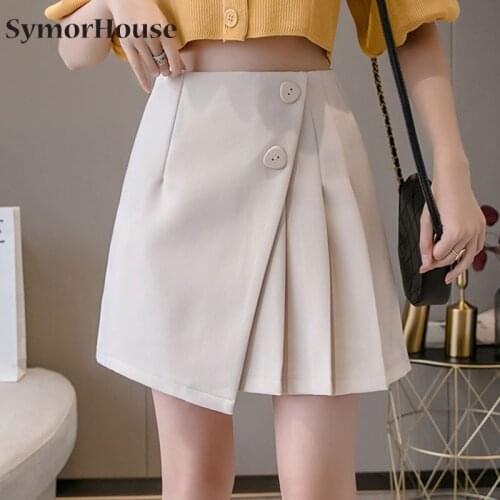 Summer Pleated Mini Skirts Women 2021 Korean High Waist Button A-line Skirt Office Lady Girls Sexy Cute Skirt Autumn