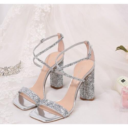 Summer word with thick and high heels cross with sexy sequined sandals banquet dress fashion all-match custom-made womens shoes