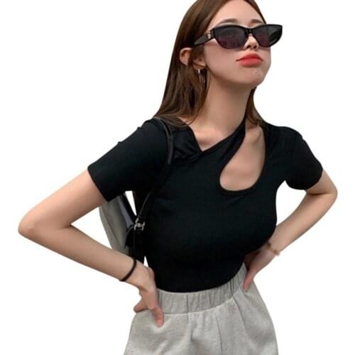 Summer Fashion Short Tee Top Womens Design Sense Revealing Clavicle Irregular Short Sleeve T-Shirt