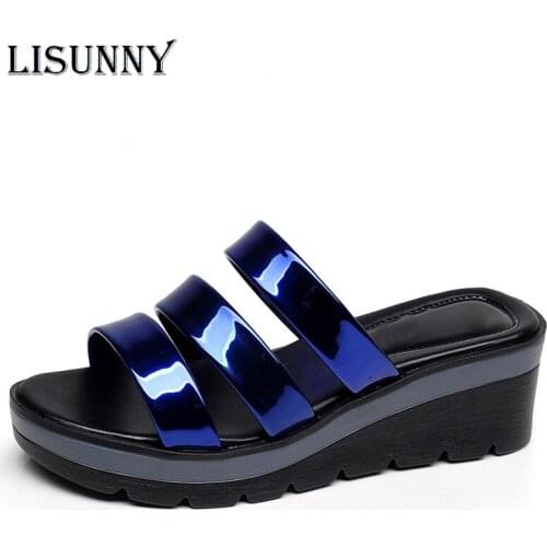 LISUNNY Quality Patent Leather Wedges Slides Women Shoes Summer Platform Slippers 2020 Elegant Woman Plus Size 35-42
