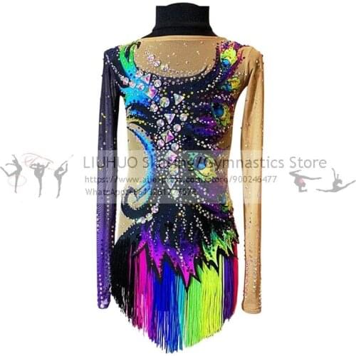 LIUHUO Figure Skating Dress Womens Girls Colorful Tassels Rhythmic Competition Unitard Ballet Dance Leotard Artistic Costume