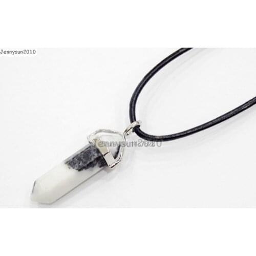 Natural Zebra Gems Stones Hexagonal Pointed Healing Reiki Chakra Pendant Black Real Leather Cord Necklace18''lnch 5 Sets/Pack