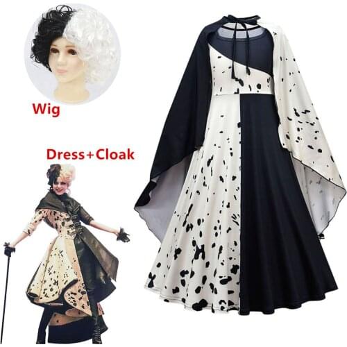 2021 New Movie Evil Madame Cruella De Vil Cosplay Costume Kids Gown Black White Maid Dress Halloween Party dress with cloak wig