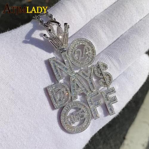 Iced Out Bling CZ Letters Pendant Necklace NO DAYS OFF Paved Cubic Zircon Rope Chain Mens Necklace Fashion Hip Hop Jewelry Gift