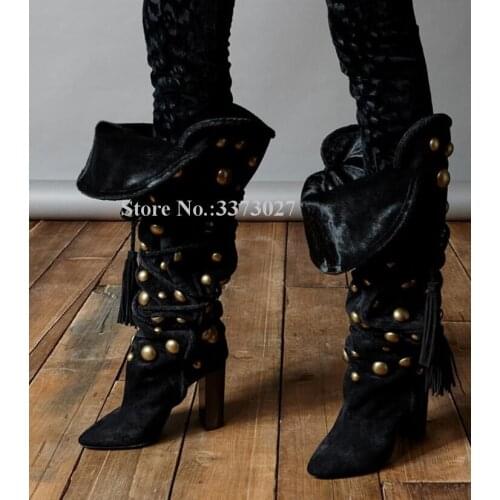 Sexy Cross Ropes Chunky Heel Rivets Long Boots Woman Fashion Black Suede Lace-up Tassels Knee High Boots Lady Studded Thick Heel