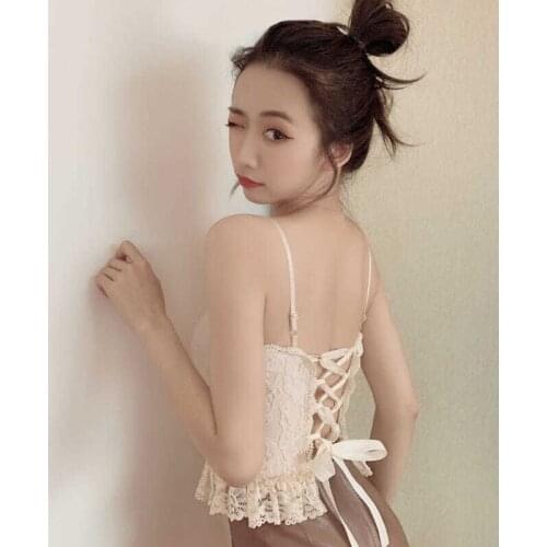 Crop Top Woman 2020 Spring Summer Sexy Bandage Back Lace Hollow Flower Crochet Lace-Up Frill Spaghetti-Strap Womens Camisole