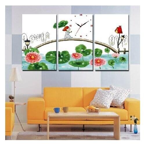 Top Quality beautiful lovely triptich triptych cross stitch kit clock water lily lilies bridge little girl
