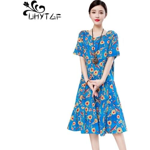 UHYTGF Cotton Silk 5XL Plus Size Dress Womens Fashion Print Big Swing Maternity Clothing Dress Short Sleeve Summer Dresses 1423