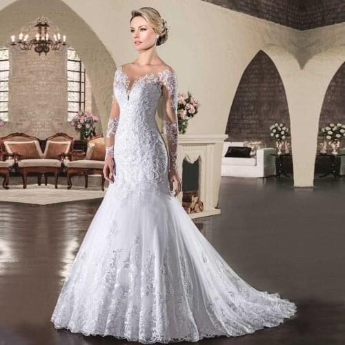 YIWUMENSA Mermaid Long Sleeves Bridal Dresses 2020 Customized Plus Size Lace Appliques Boho Wedding Dress See Through Bride Gown