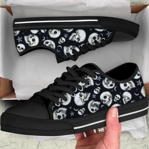 ELVISWORDS Stylish Sugar Skull Prints Classic Low Style Canvas Vulcanized Shoes for Women Ladies Leisure Lace Up Sneakers Flats
