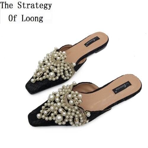 Summer Outdoor Fashion Slim Bling Women Crystal Pearl Cover Toe Mesh Slippers Ladies Lazy Mules Flats Black Apricot 20200204