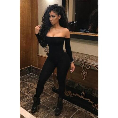Womens Sexy Off Shoulder Jumpsuit Solid Color Long Sleeve Slash Neck Bodycon Slim Spring Autumn Evening Party Club Wear