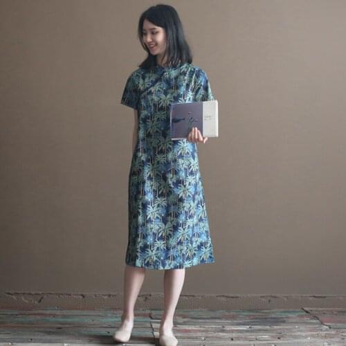 Womens Vintage Style Summer Dress Traditional Chinese Qipao Cotton Coconut Tree Prints Cheongsam Retro Midi Dress