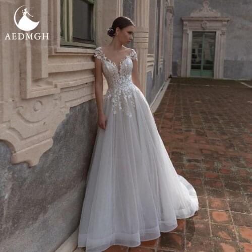 Aedmgh A-Line Boho Wedding Dresses 2021 Sweetheart Cap Sleeve Vestido De Novia Delicate Appliques Open Back Tulle Robe De Marige