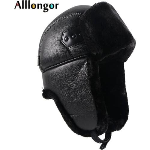 Winter Hat With Earflaps 2021 Ushanka Russian Bomber Hats Black Faux Fur Pu Leather Mens Caps Outdoor Snow Earflap Hat