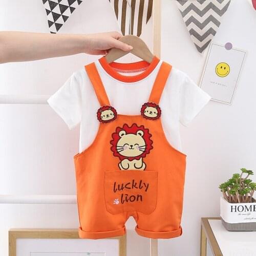 2021 New Summer Infant Clothes Baby Girls Boys Cotton T Shirt Cartoon Animals Bib Pants 2Psc/Sets Children Kids Suits 0-5 years