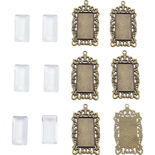 6Set DIY Pendant Making Tibetan Style Antique Bronze Pendant Cabochon Bezel Settings with Glass Rectangle Cabochons Nickel Free