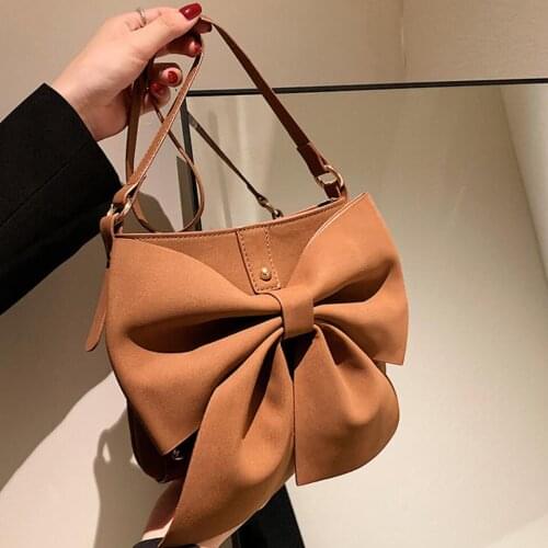 Large Bow Crossbody bag Bucket bag 2021 Winter New Matte PU Leather Womens Designer Handbag Solid color Shoulder Messenger Bags
