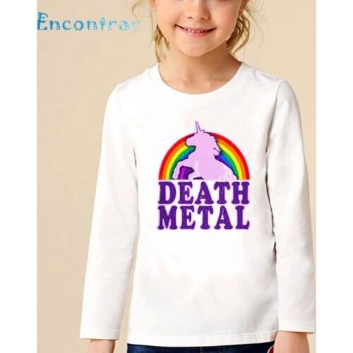 Children Harajuku Rainbow Unicorn Death Metal Print T shirt Kids Cartoon Funny Tops Boys Girls Long Sleeve Baby T-shirt,LKP2164