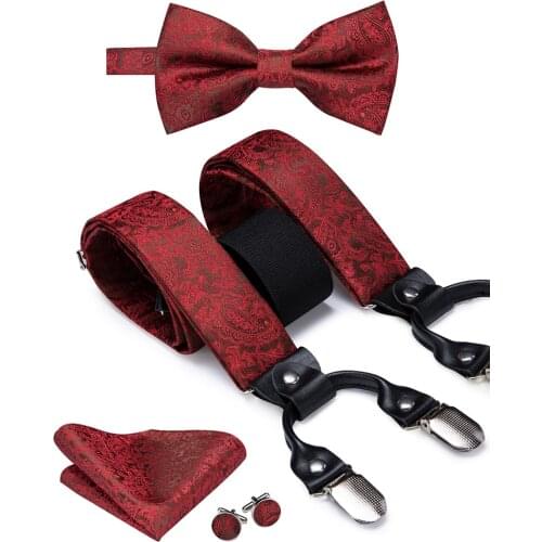 Hi-Tie 100% Silk Adult Mens Suspenders Bow Tie leather Metal 6 Clips Braces Vintage Red Suspensorio Tirante bretelle bretels