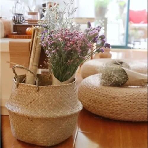 Household Storage Foldable Natural Seagrass Woven Storage Basket Pot Garden Flower Vase Hanging Wicker Basket Bellied Baskets