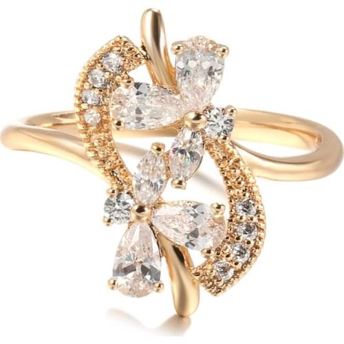 Kinel New Natural Zircon Crystal Flower Rings for Women 585 Rose Gold Fine Hollow Ethnic Wedding Ring Hyperbole Vintage Jewelry