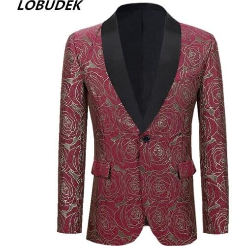 New Fashion Men Suit Jackets Rose Pattern Red Black Jacquard Blazers Evening Party Male Singer Host Stage Performance Blazer