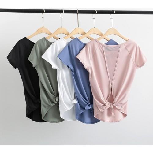 Fitness Clothing Woman Short Shirt Patchwork Sport T-Shirt Quick Dry Hollow Back Bandage Gym Yoga Jogging Workout Tops