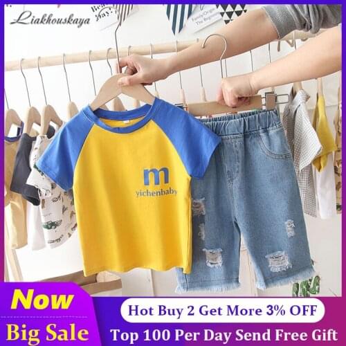Baby Boys Clothes 2021 New M Style Cartoon Stitching color Print Short Sleeve Shirt + Pants for Kid Cute Toddler Boy Summer Set