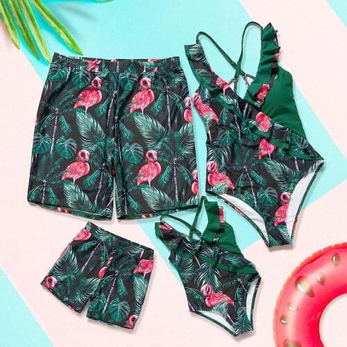 Mother Daughter Swimwear Mommy and Me Bikini Dresses Clothes Flamingo Family Matching Swimsuits Dad Son Swimming Shorts Outfits