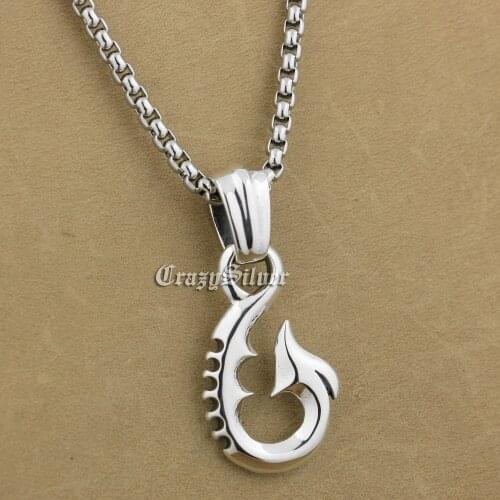 LINSION 925 Sterling Silver Fish Hook Mens Biker Rocker Punk Pendant 9V008
