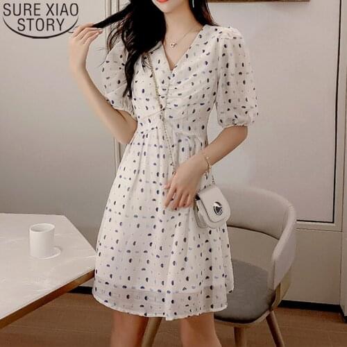 Casual Dresses Lantern Sleeve 2021 Summer Dress New Fashion Print Dress Women Short Sleeve Sweet Knee Length V-neck Robe 14087