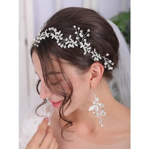 Wedding Leaf Silver Rose Gold Hair Vine Bridal Headpiece Headband Pearl Crystal Vine Wedding Ribbon Headband for Women and Girls