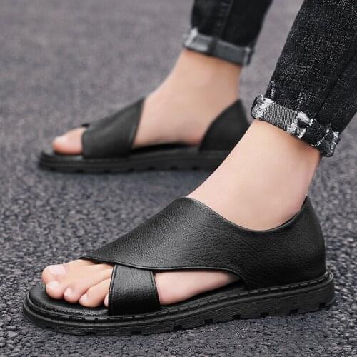 Genuine Leather Mens Sandals Footwear Hollow-Out Breathable Non-slip Casual Shoes Summer Outdoor Beach Sandals