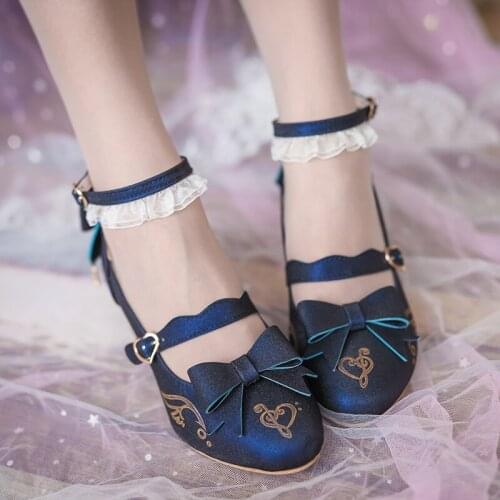 Princess tea party sweet lolita shoes vintage lace bowknot printing kawaii shoes thick heel delicacy women shoes loli cos