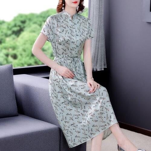 2021 Vintage Floral Satin Mulberry Silk Midi Dress Summer Casual Pink Print Beach Dress L-4XL Women Elegant Slim Party Vestidos