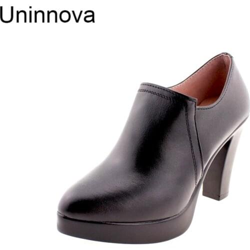 Woman Pointed Toe Genuine Leather Platform Comfortable Super High Heels Black Pumps Uninnova Small Size 32 WP083-1