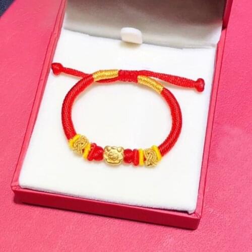 Pure 999 24k Yellow Gold Bracelet Women 3D Little Ruyi Fu Charm Red Cord Bracelet 6.3"L