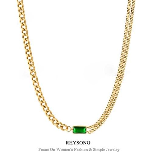 RHYSONG Titanium With 14K Gold Jewelry Neck Choker Statement Black Green Stone Pendant Stainless Steel Necklace For Women Party